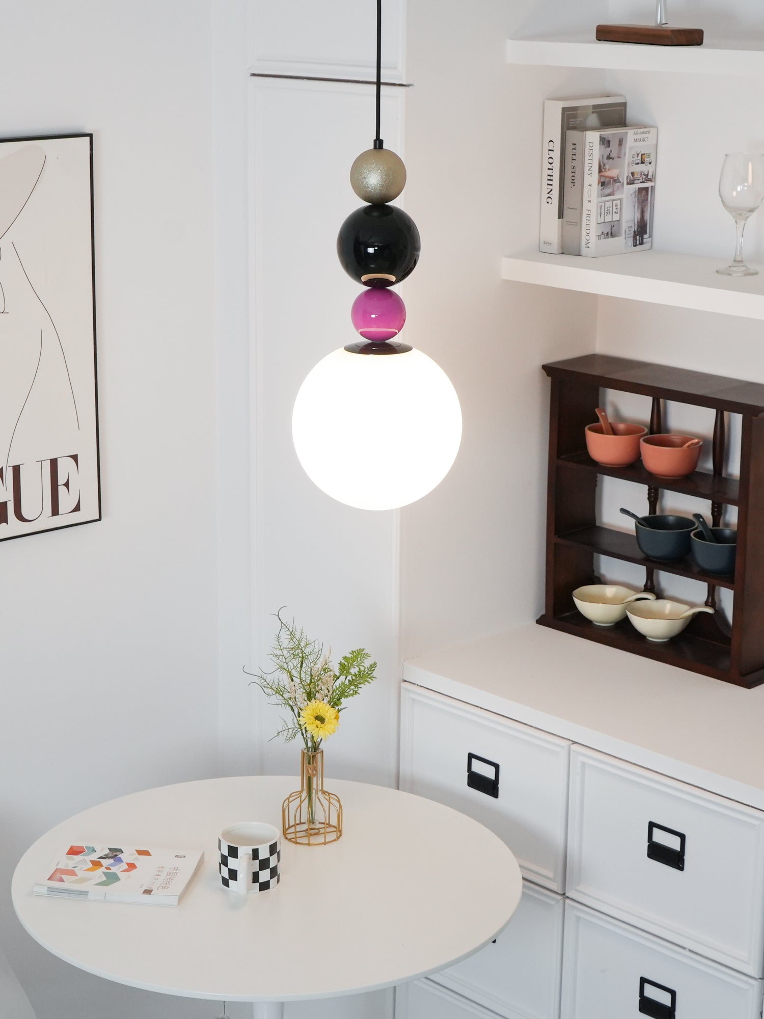 Modern Glass Ball Stacking Pendant Lamp Pink and Black Metal Ceiling Fixture