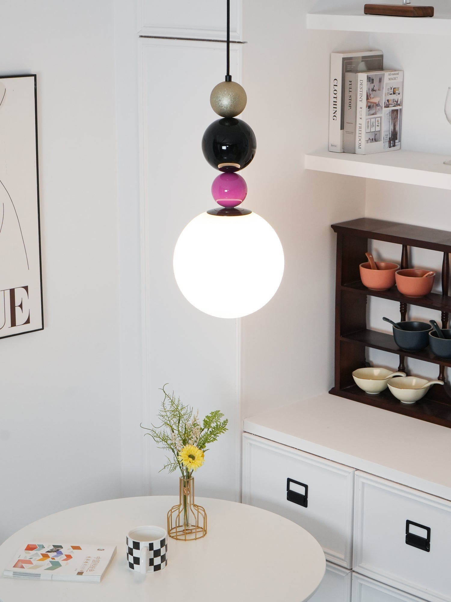 Modern Glass Ball Stacking Pendant Lamp Pink and Black Metal Ceiling Fixture