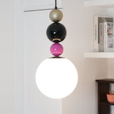 Modern Glass Ball Stacking Pendant Lamp Pink and Black Metal Ceiling Fixture