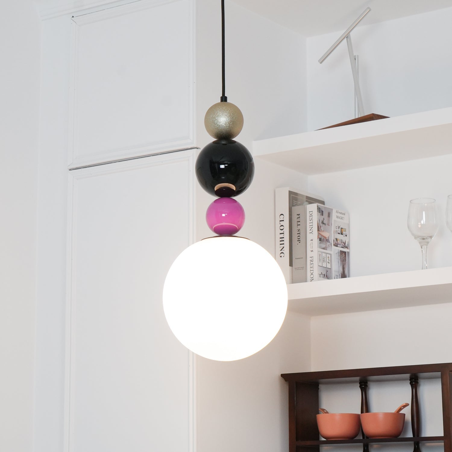 Modern Glass Ball Stacking Pendant Lamp Pink and Black Metal Ceiling Fixture