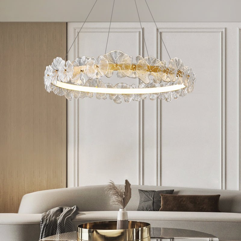 Modern Glass Flower Petal Halo Chandelier Brass LED Pendant Ceiling Light
