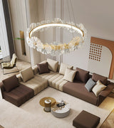 Modern Glass Flower Petal Halo Chandelier Brass LED Pendant Ceiling Light