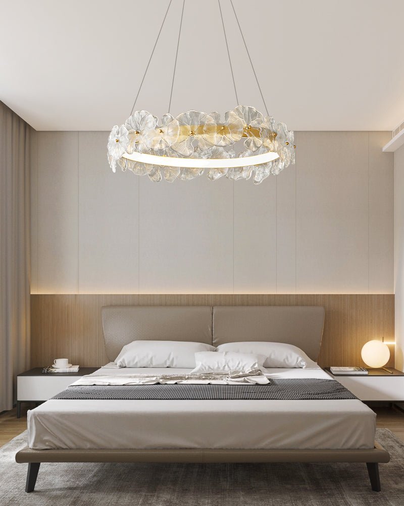 Modern Glass Flower Petal Halo Chandelier Brass LED Pendant Ceiling Light
