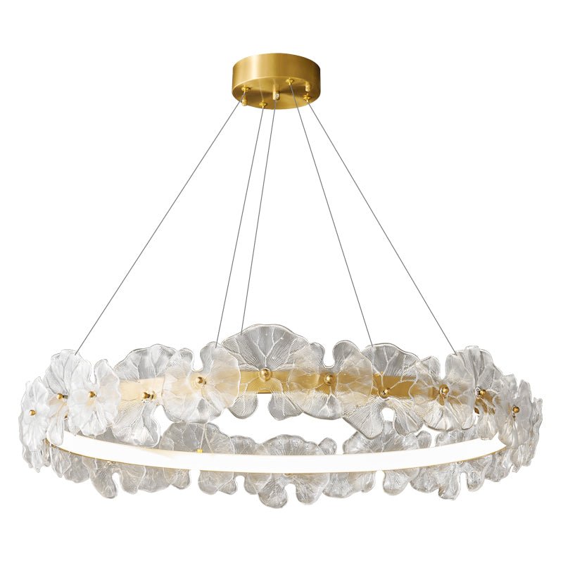 Modern Glass Flower Petal Halo Chandelier Brass LED Pendant Ceiling Light