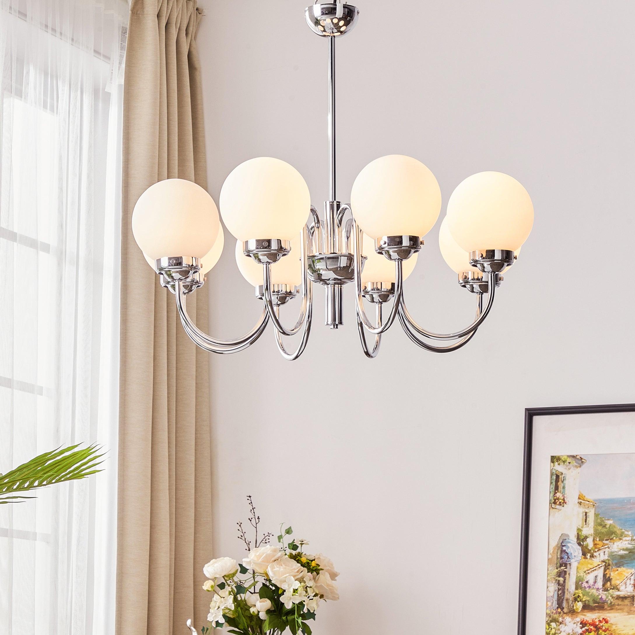 Modern Glass Globe Crown Chandelier with Elegant Chrome Curved Arms