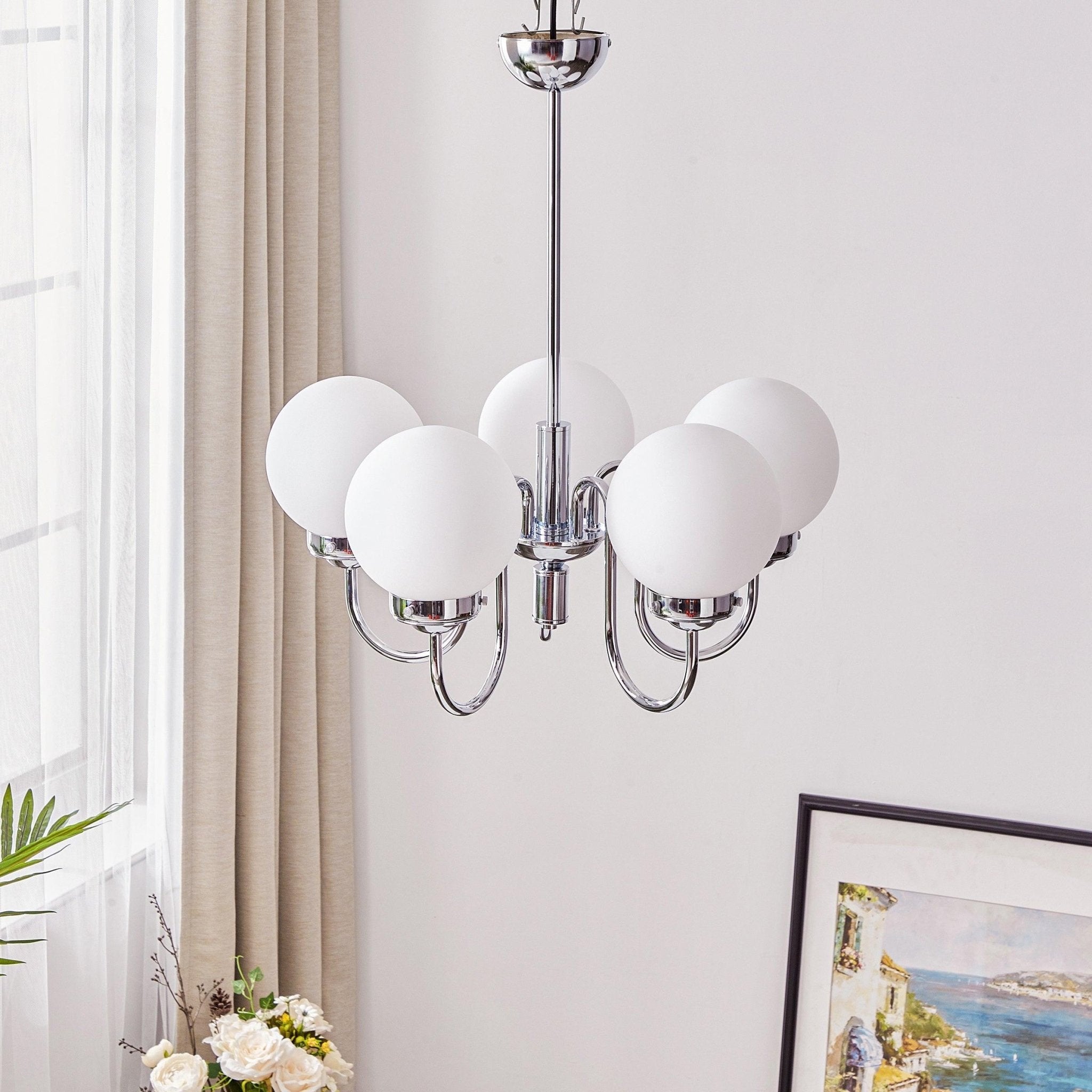 Modern Glass Globe Crown Chandelier with Elegant Chrome Curved Arms