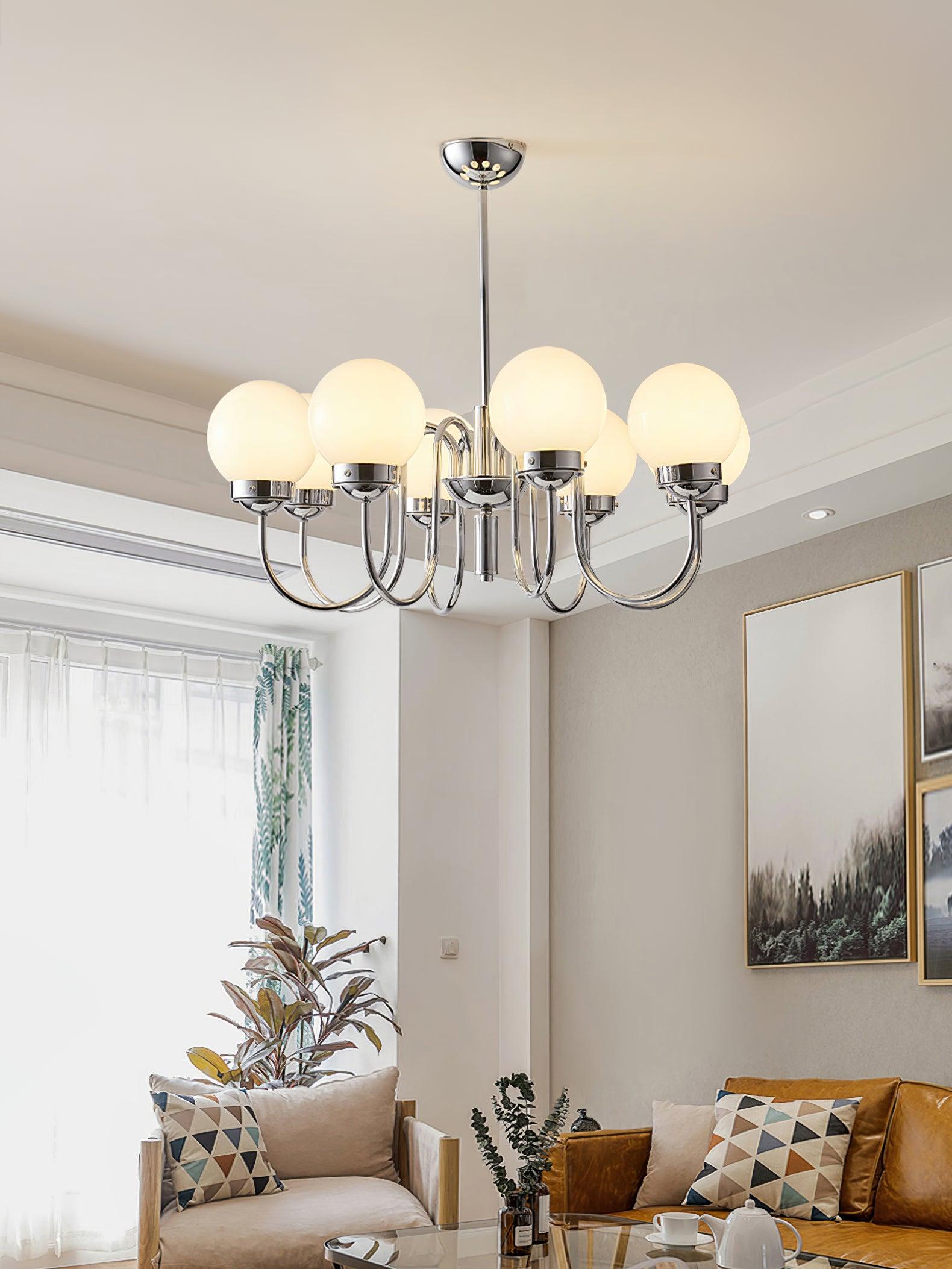 Modern Glass Globe Crown Chandelier with Elegant Chrome Curved Arms