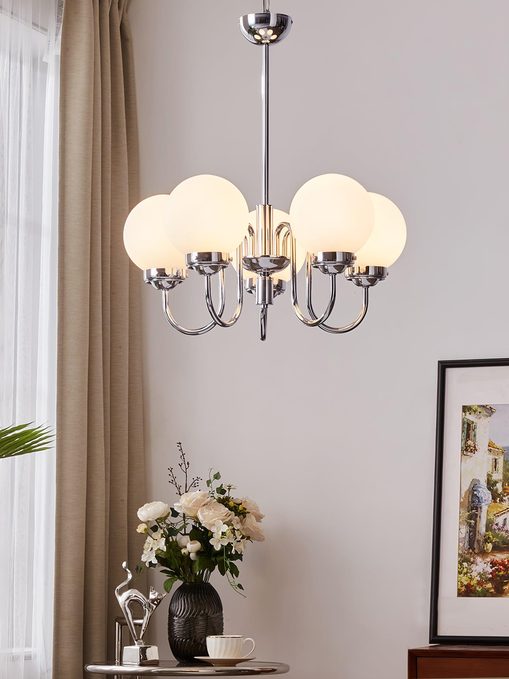 Modern Glass Globe Crown Chandelier with Elegant Chrome Curved Arms