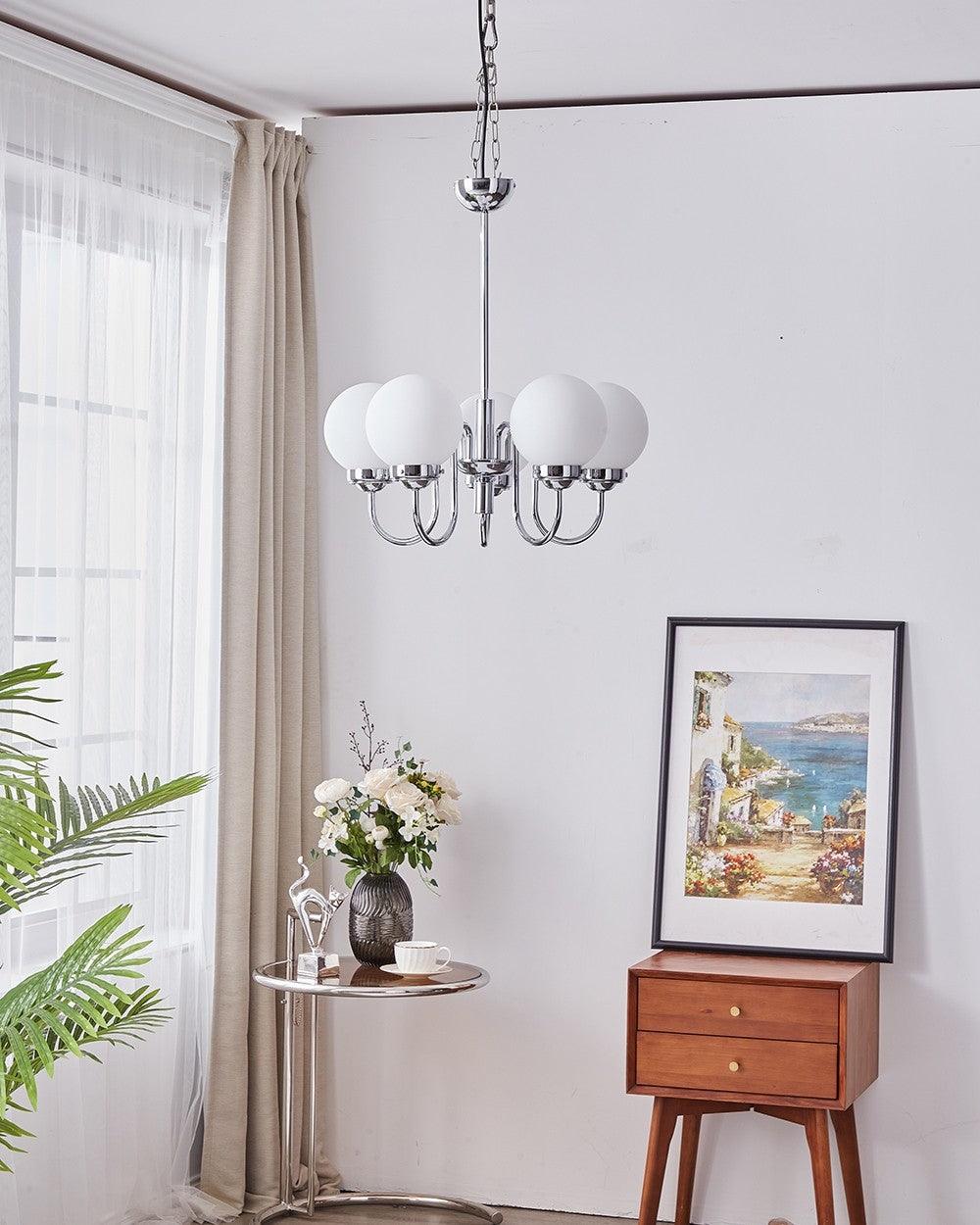 Modern Glass Globe Crown Chandelier with Elegant Chrome Curved Arms