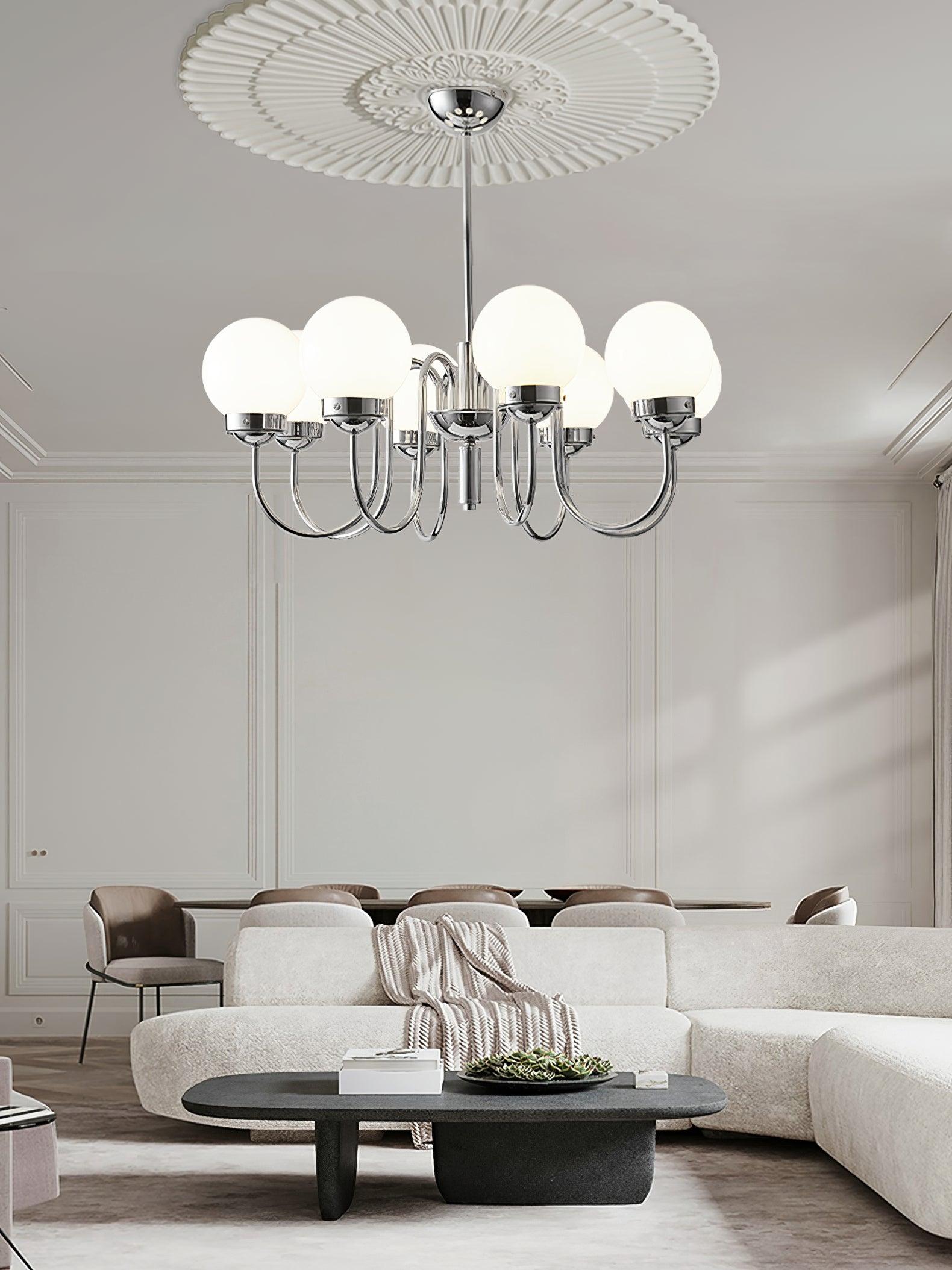 Modern Glass Globe Crown Chandelier with Elegant Chrome Curved Arms