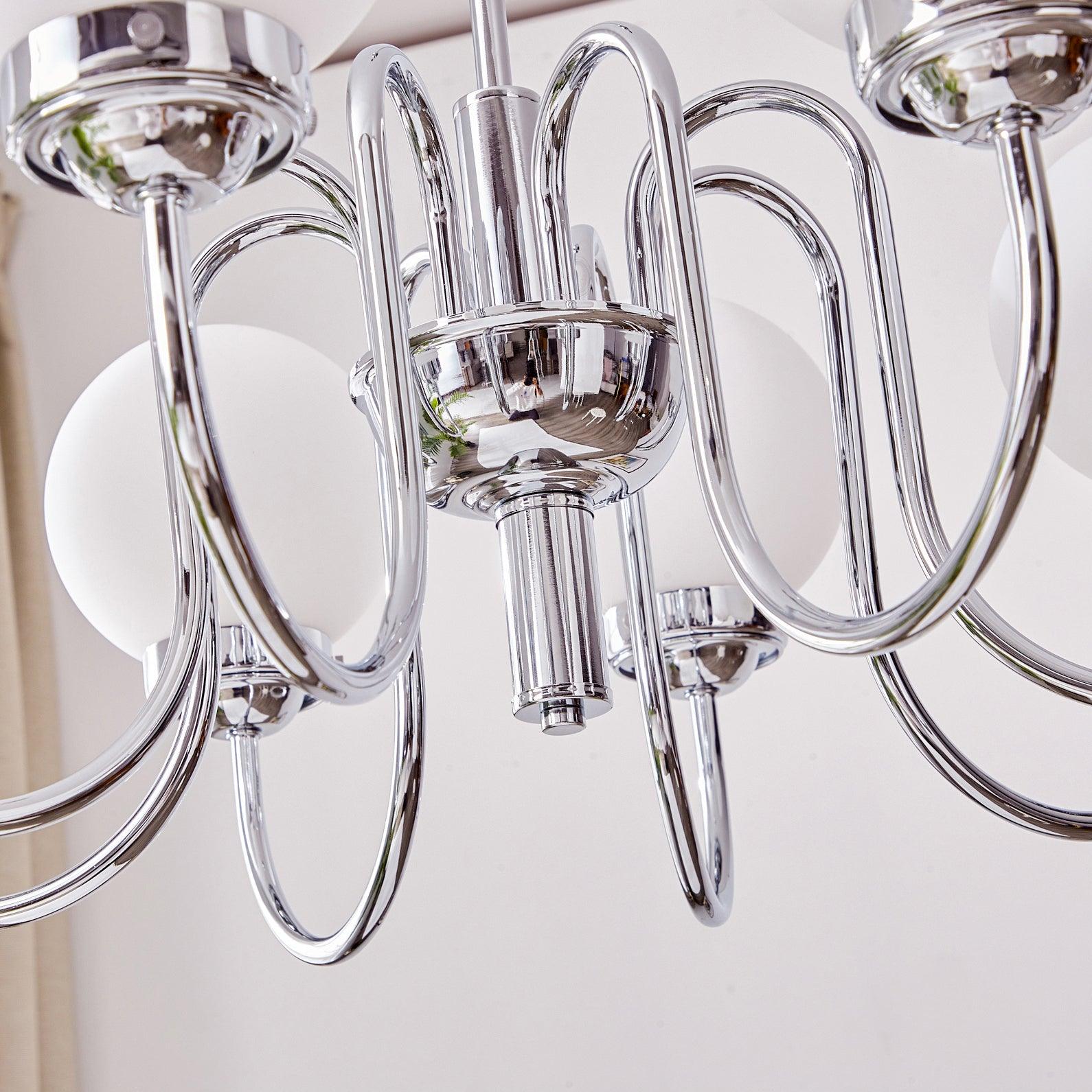Modern Glass Globe Crown Chandelier with Elegant Chrome Curved Arms