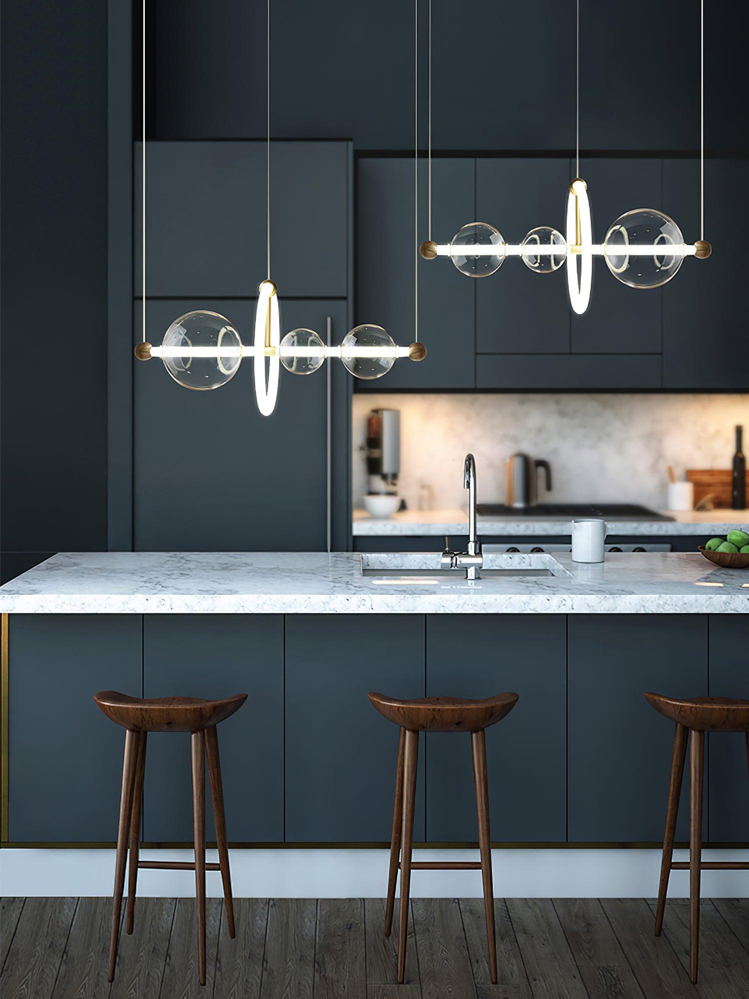 Modern Glass Globe LED Chandelier Gold Ring Pendant Light for Dining Room and Living Space
