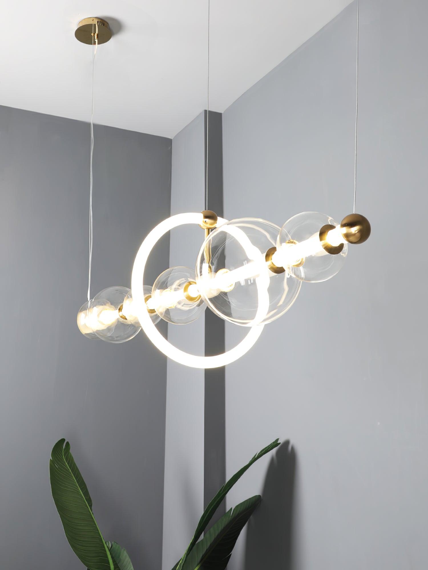 Modern Glass Globe LED Chandelier Gold Ring Pendant Light for Dining Room and Living Space