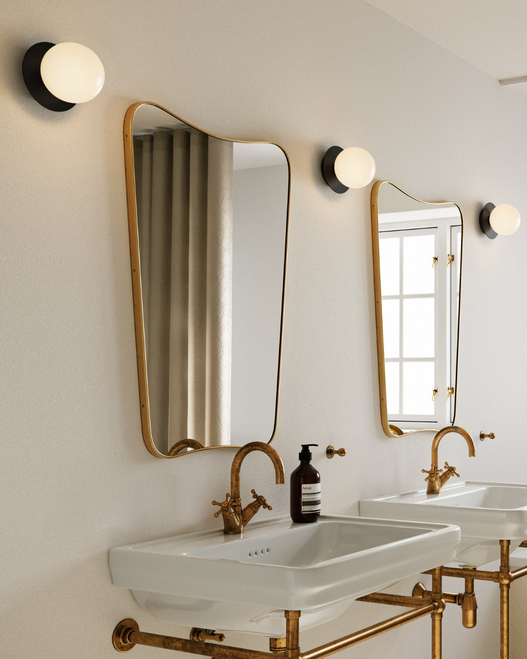 Modern Glass Globe Wall Sconce and Ceiling Lamp with Brass Metal Disc for Elegant Interior Decor