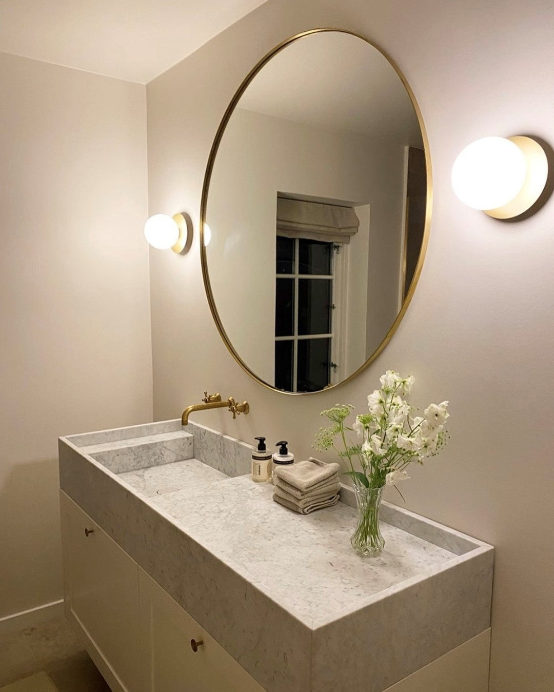 Modern Glass Globe Wall Sconce and Ceiling Lamp with Brass Metal Disc for Elegant Interior Decor