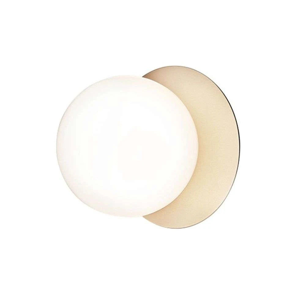 Modern Glass Globe Wall Sconce and Ceiling Lamp with Brass Metal Disc for Elegant Interior Decor