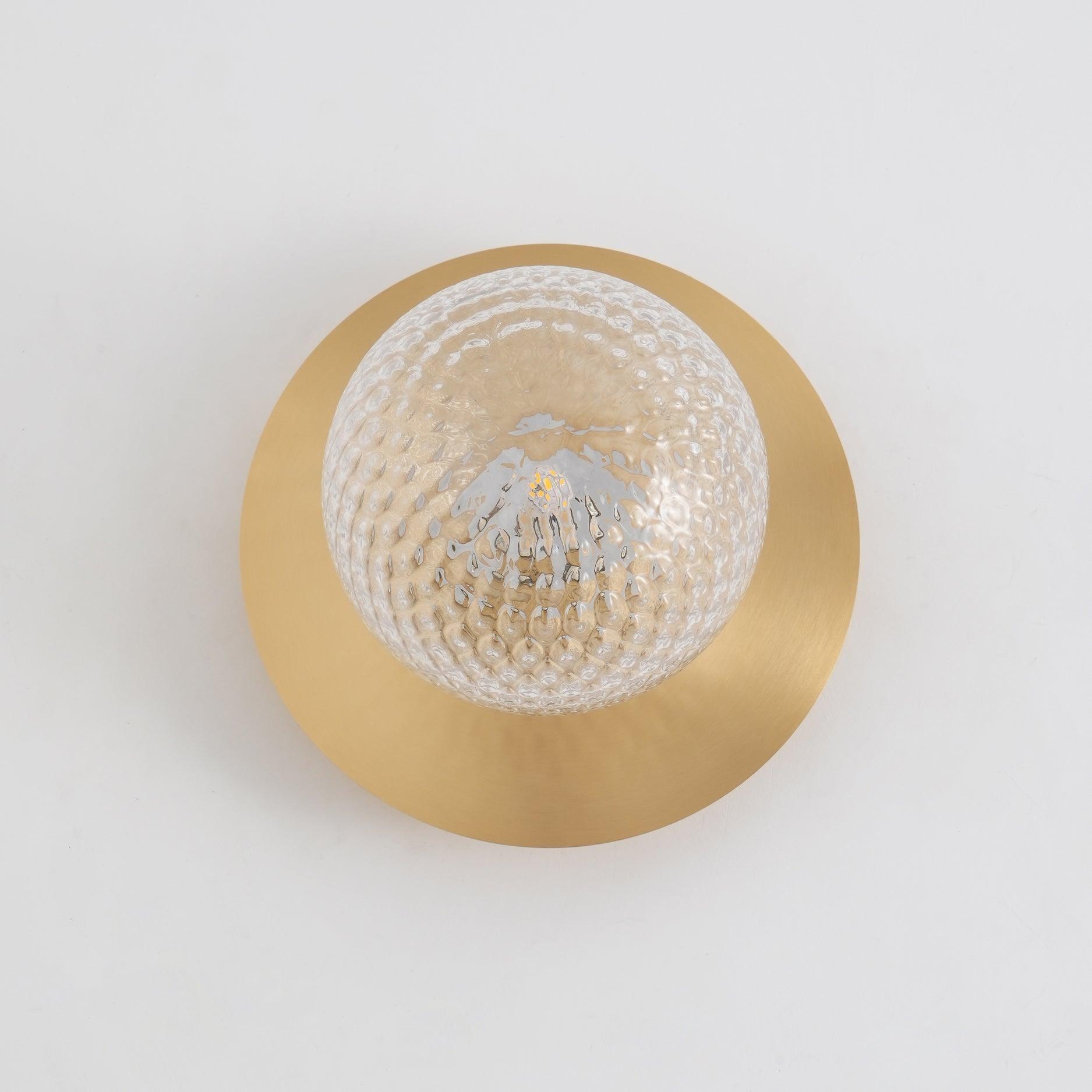 Modern Glass Globe Wall Sconce and Ceiling Lamp with Brass Metal Disc for Elegant Interior Decor