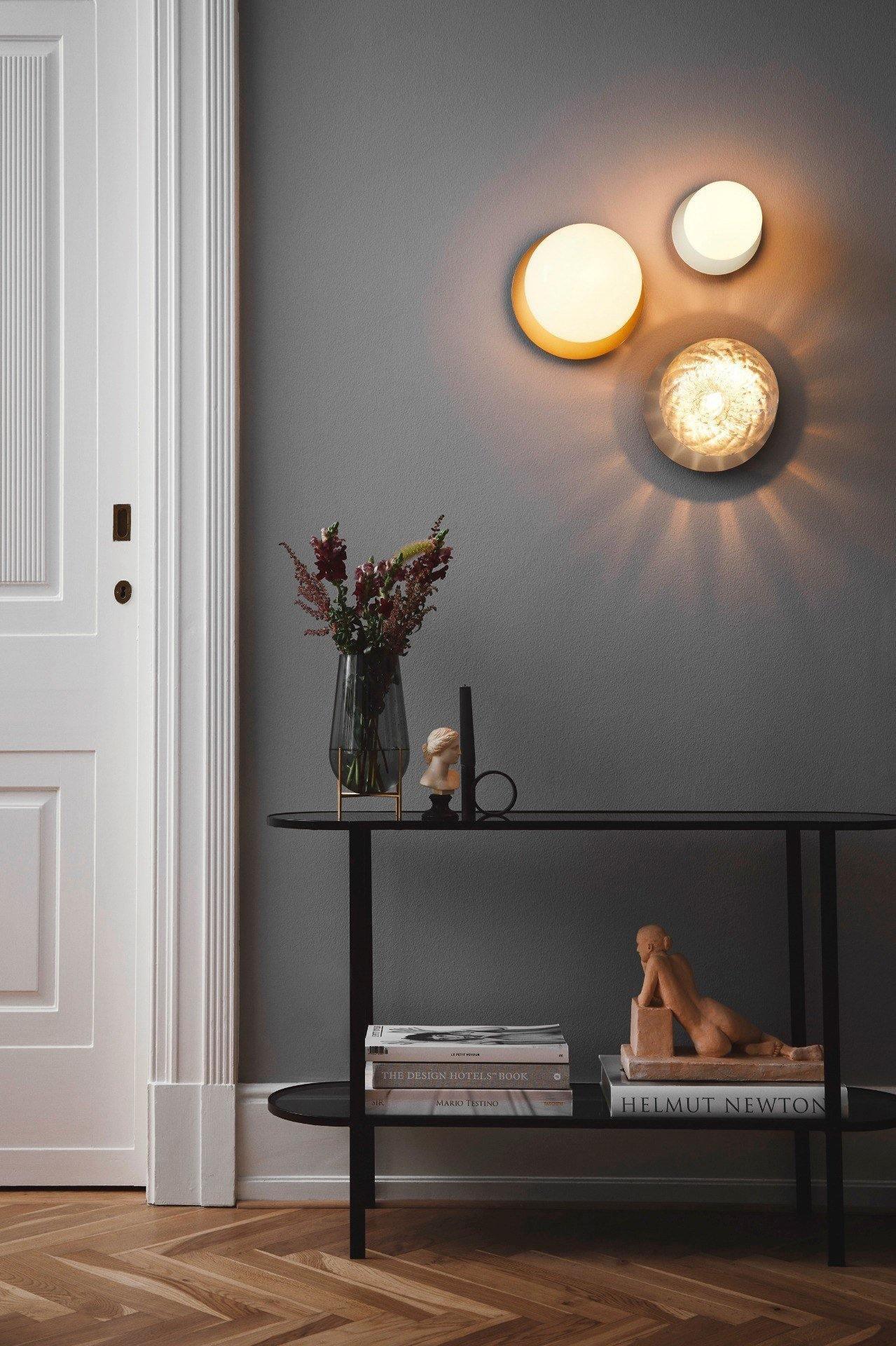 Modern Glass Globe Wall Sconce and Ceiling Lamp with Brass Metal Disc for Elegant Interior Decor
