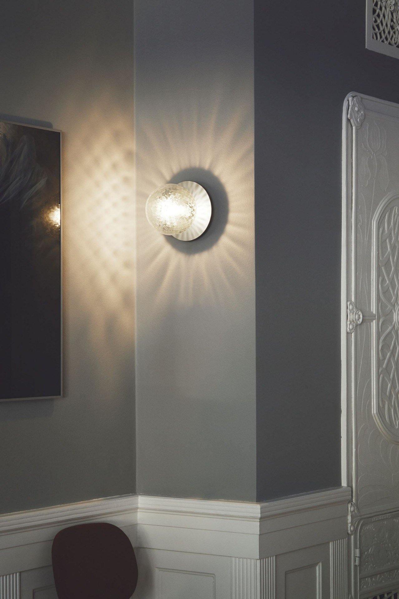 Modern Glass Globe Wall Sconce and Ceiling Lamp with Brass Metal Disc for Elegant Interior Decor