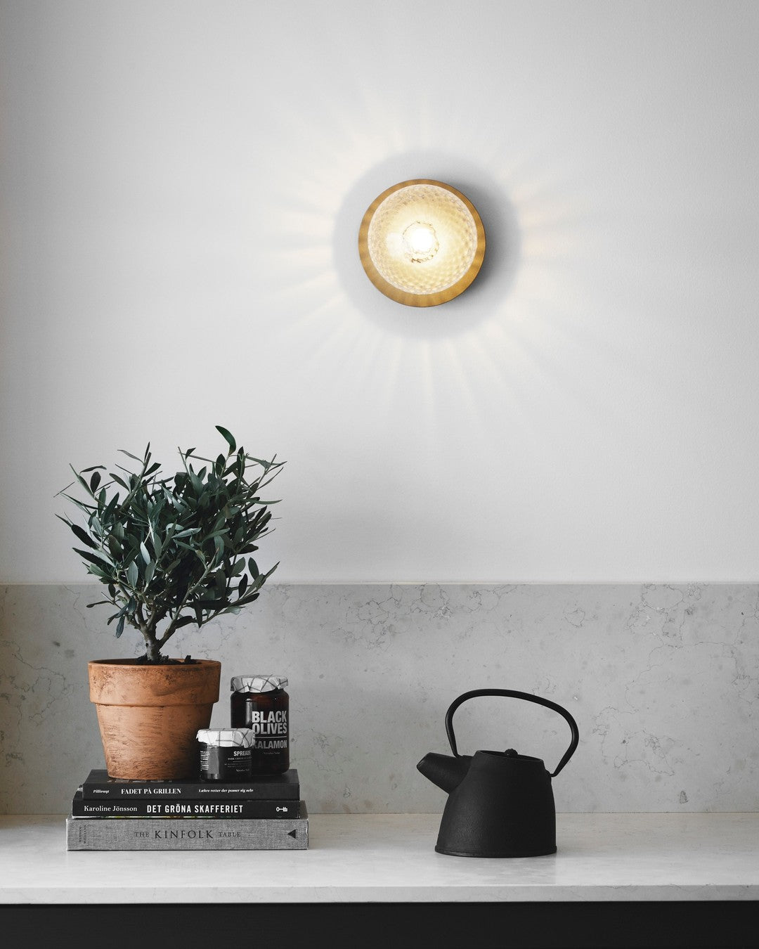 Modern Glass Globe Wall Sconce and Ceiling Lamp with Brass Metal Disc for Elegant Interior Decor