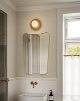 Modern Glass Globe Wall Sconce and Ceiling Lamp with Brass Metal Disc for Elegant Interior Decor