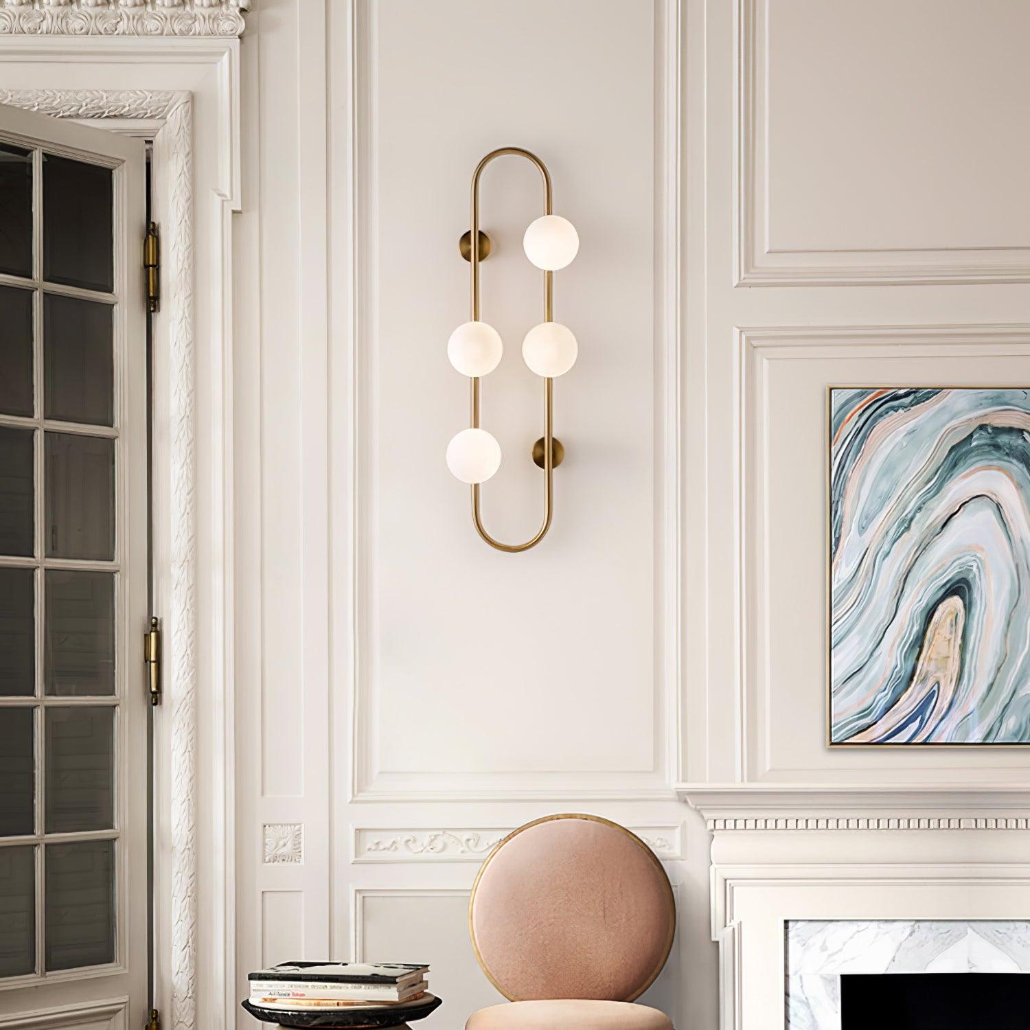 Modern Glass Globe Wall Sconce with Gold Metal Branch and Vertical Hanging Rod