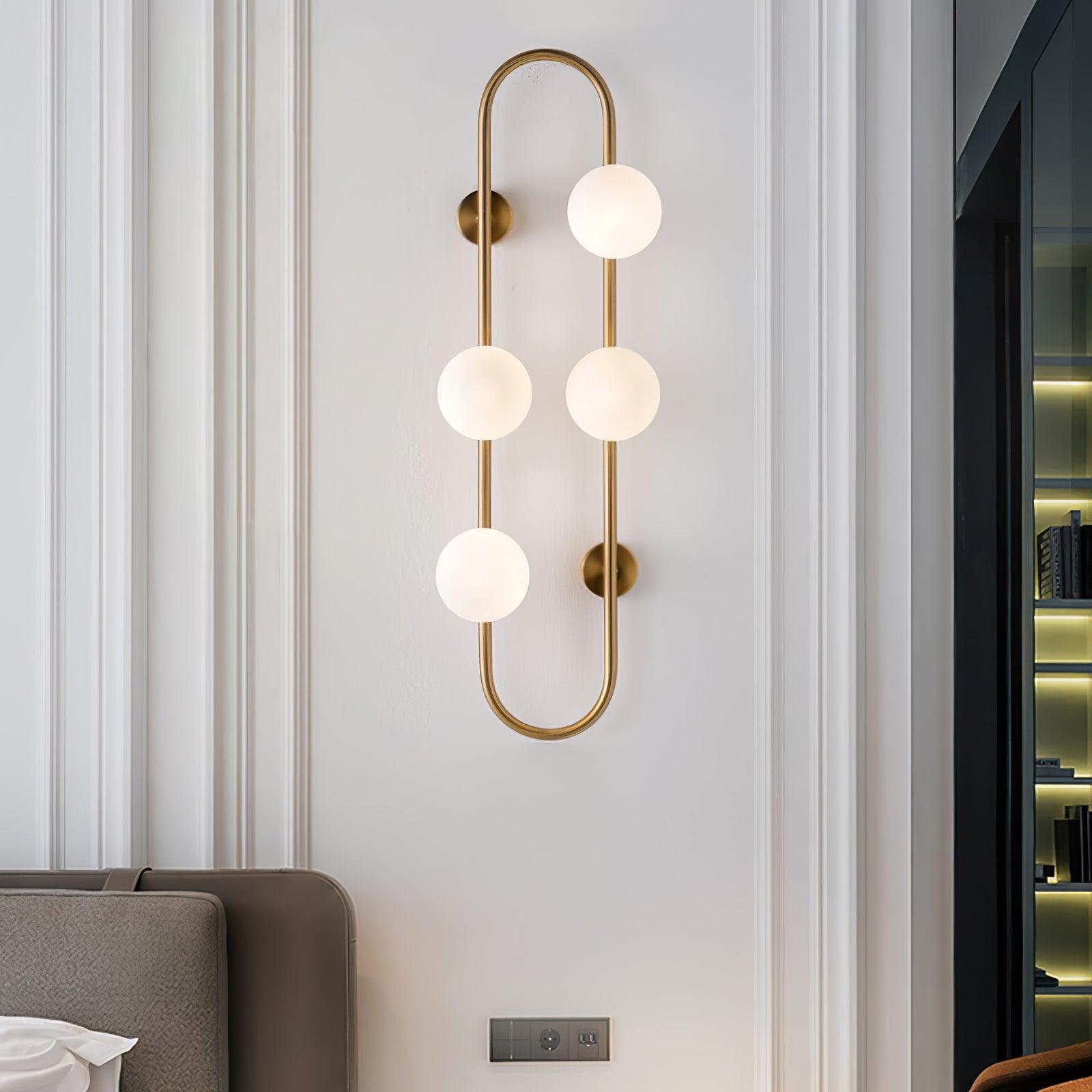 Modern Glass Globe Wall Sconce with Gold Metal Branch and Vertical Hanging Rod