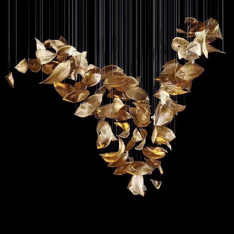 Modern Glass Leaf Crown Chandelier Luxury Gold LED Hanging Pendant Light