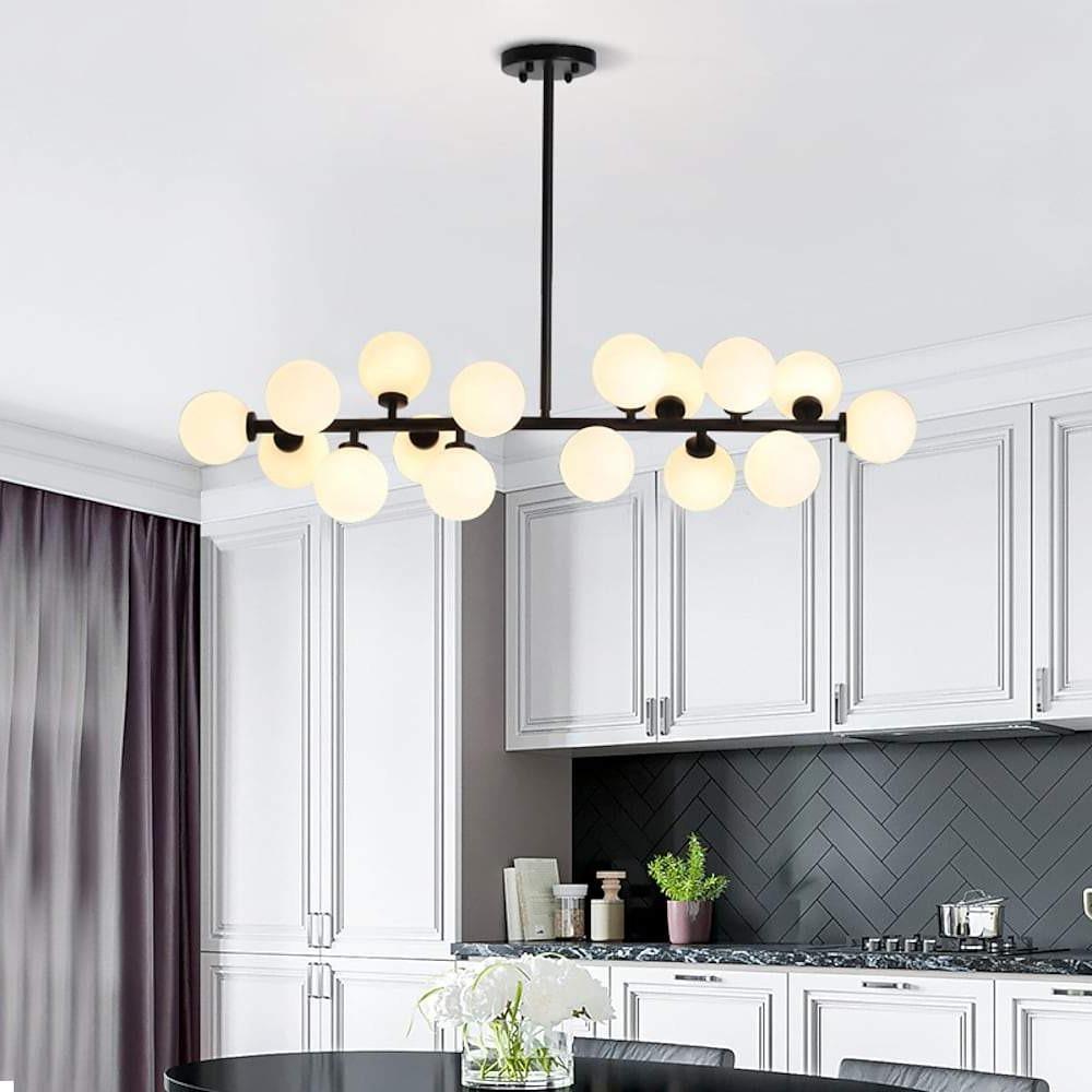 Modern Gold 16 Light Linear Kitchen Island Chandelier with Milky White Glass Globes