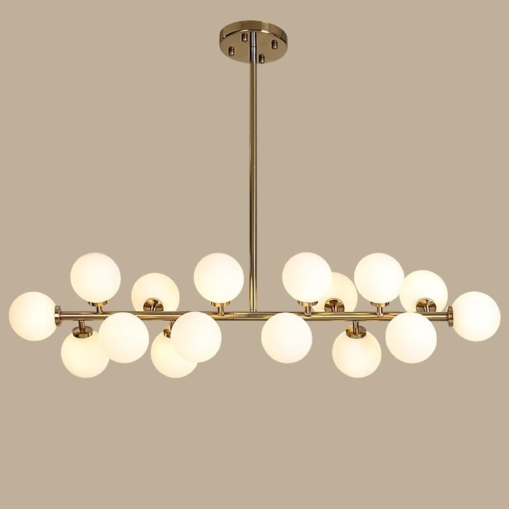 Modern Gold 16 Light Linear Kitchen Island Chandelier with Milky White Glass Globes