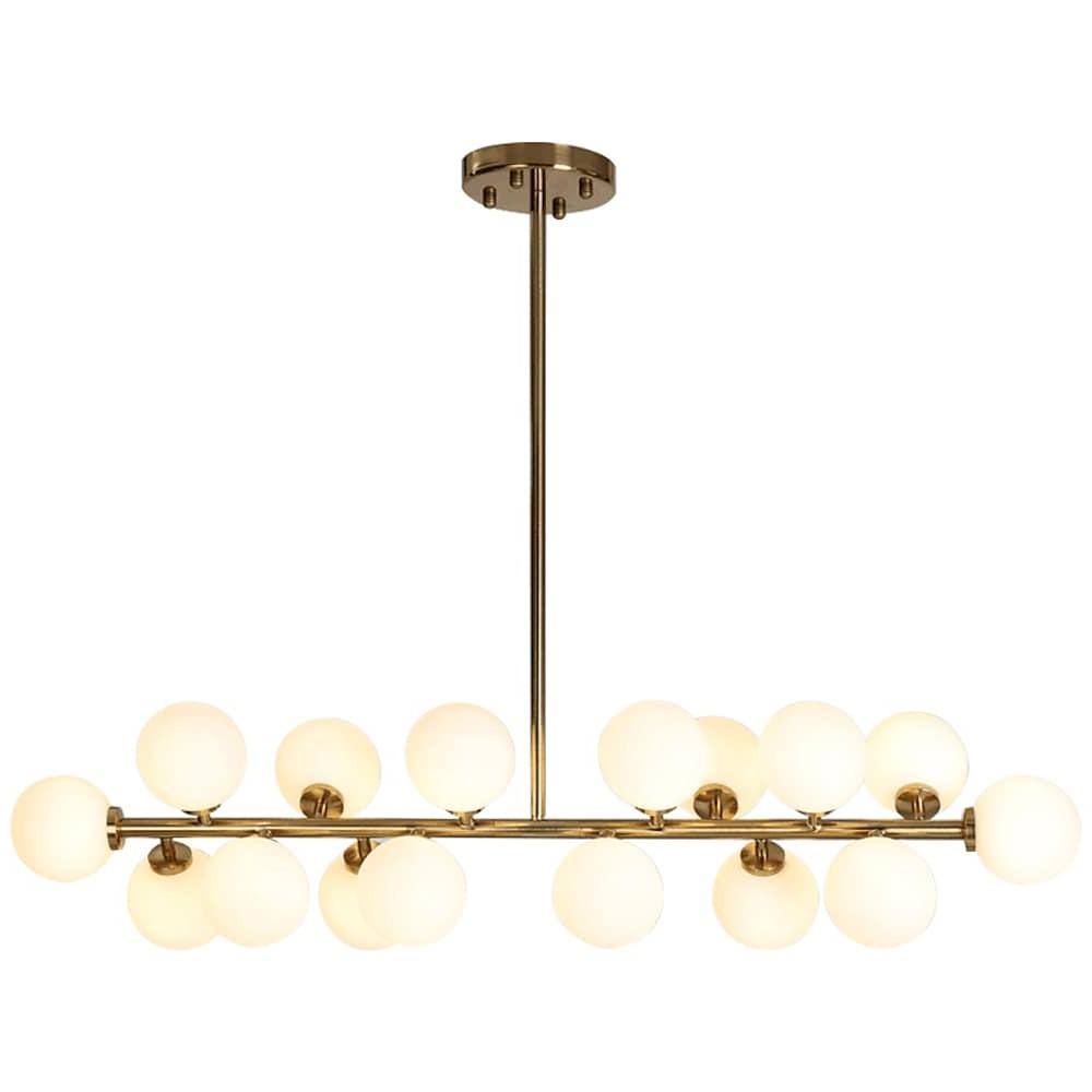 Modern Gold 16 Light Linear Kitchen Island Chandelier with Milky White Glass Globes