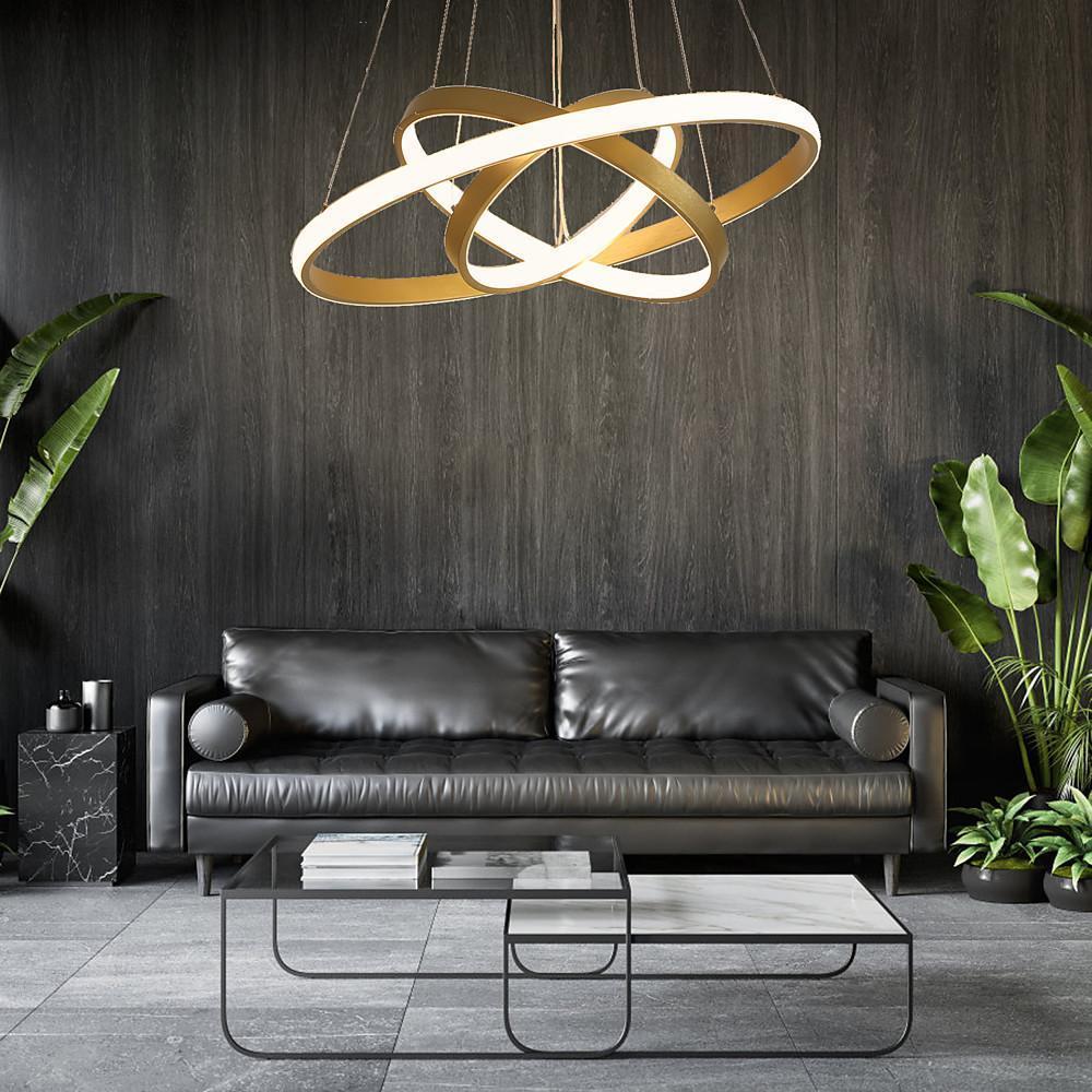 Modern Gold 3 Ring LED Chandelier Dimmable Pendant Light for Dining Room and Living Area
