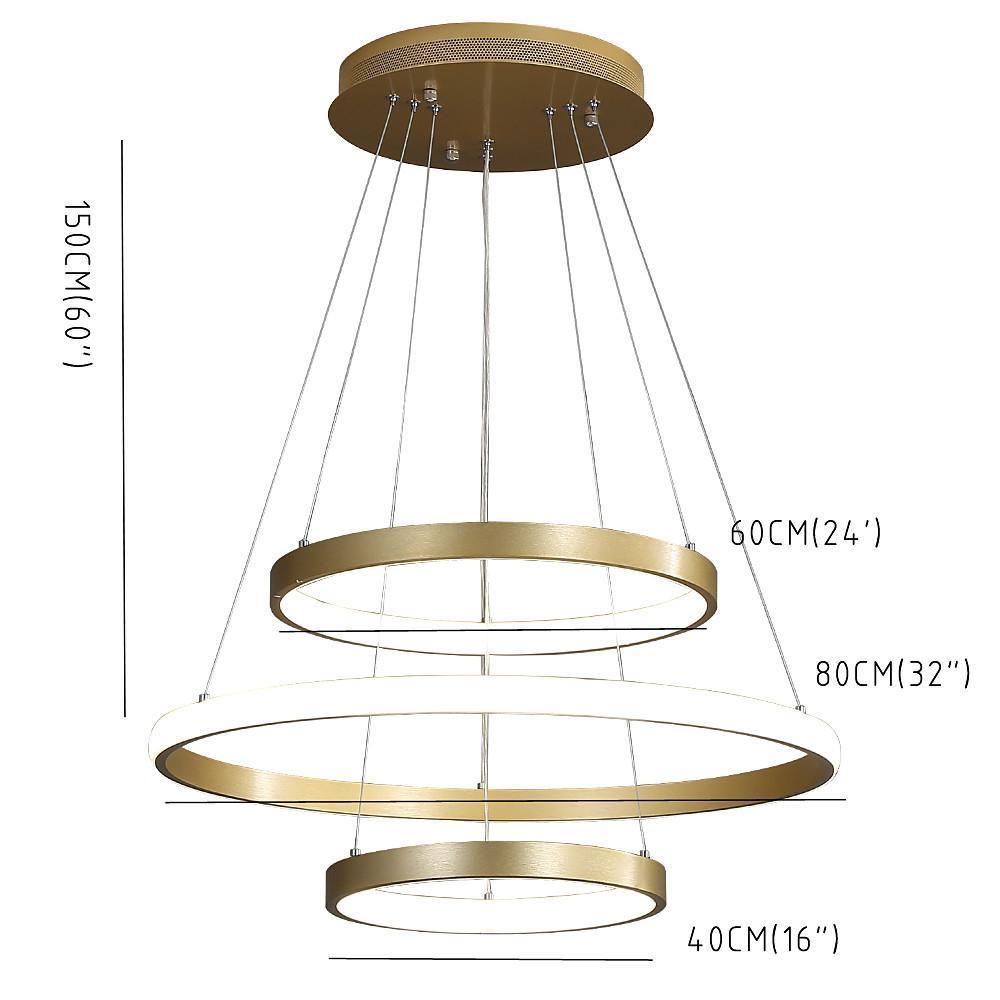 Modern Gold 3 Ring LED Chandelier Dimmable Pendant Light for Dining Room and Living Area