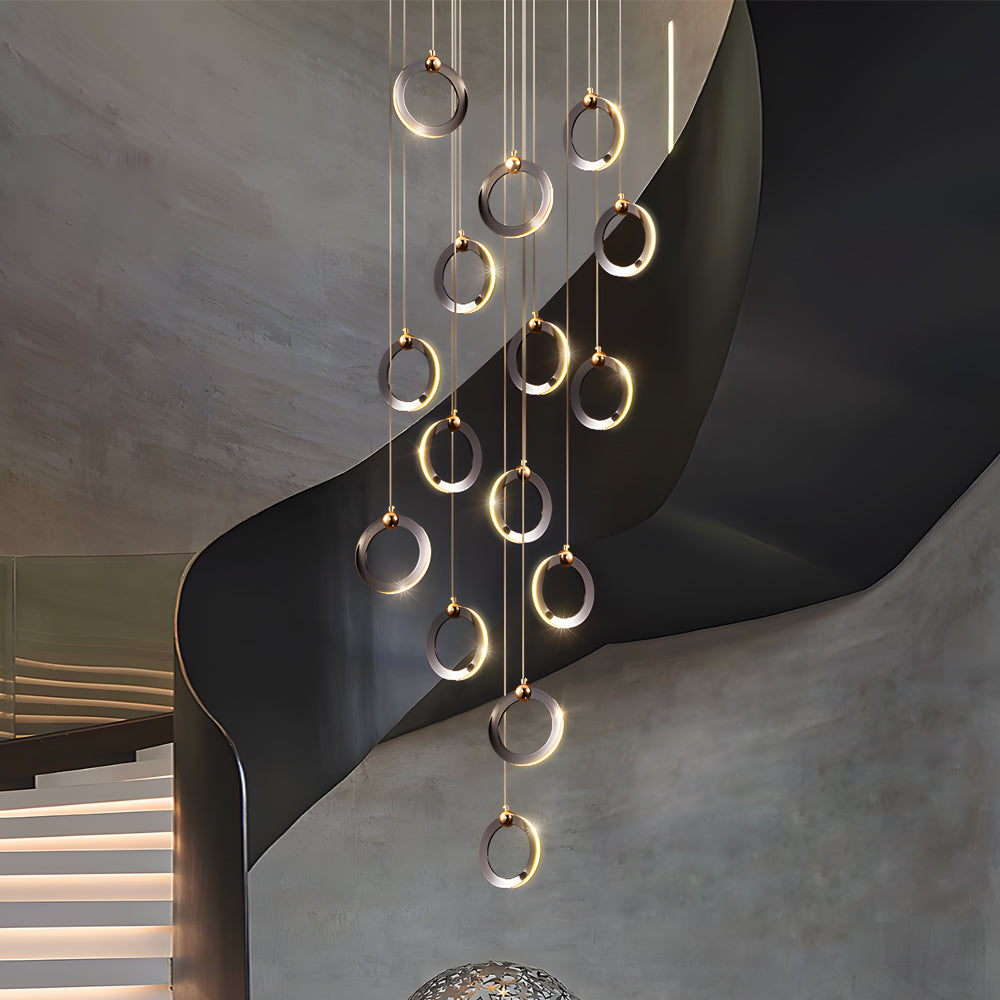 Modern Gold and Black LED Ring Cluster Staircase Chandelier for High Ceilings and Foyers