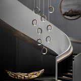 Modern Gold and Black LED Ring Cluster Staircase Chandelier for High Ceilings and Foyers