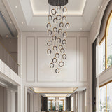 Modern Gold and Black LED Ring Cluster Staircase Chandelier for High Ceilings and Foyers