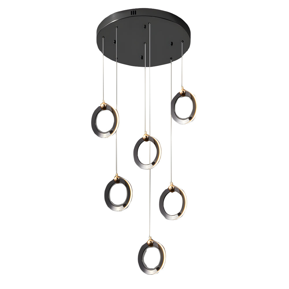 Modern Gold and Black LED Ring Cluster Staircase Chandelier for High Ceilings and Foyers