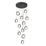 Modern Gold and Black LED Ring Cluster Staircase Chandelier for High Ceilings and Foyers