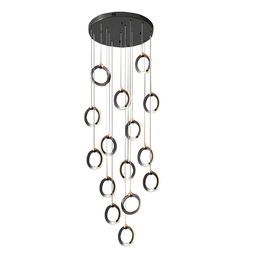 Modern Gold and Black LED Ring Cluster Staircase Chandelier for High Ceilings and Foyers