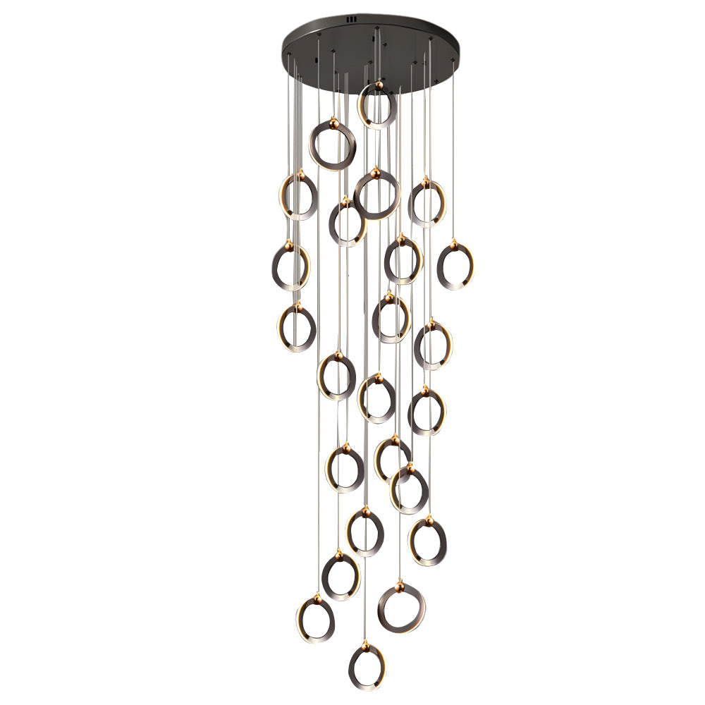 Modern Gold and Black LED Ring Cluster Staircase Chandelier for High Ceilings and Foyers