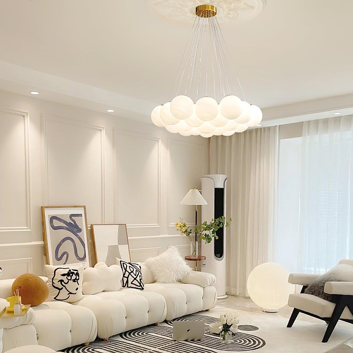 Modern Gold and White Glass Globe Cluster Chandelier Multi Head Pendant Light