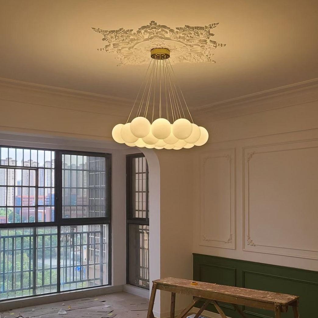 Modern Gold and White Glass Globe Cluster Chandelier Multi Head Pendant Light