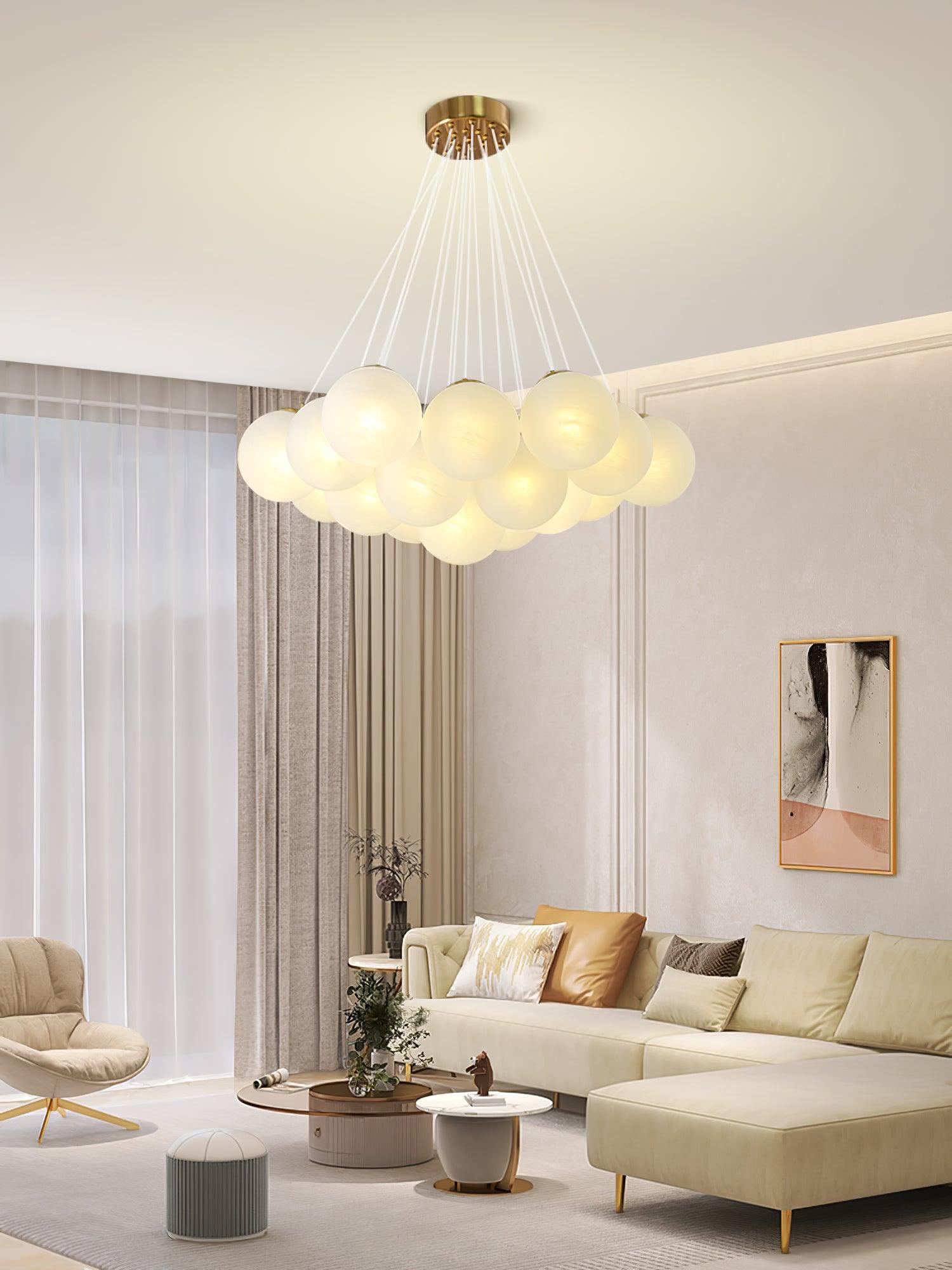 Modern Gold and White Glass Globe Cluster Chandelier Multi Head Pendant Light