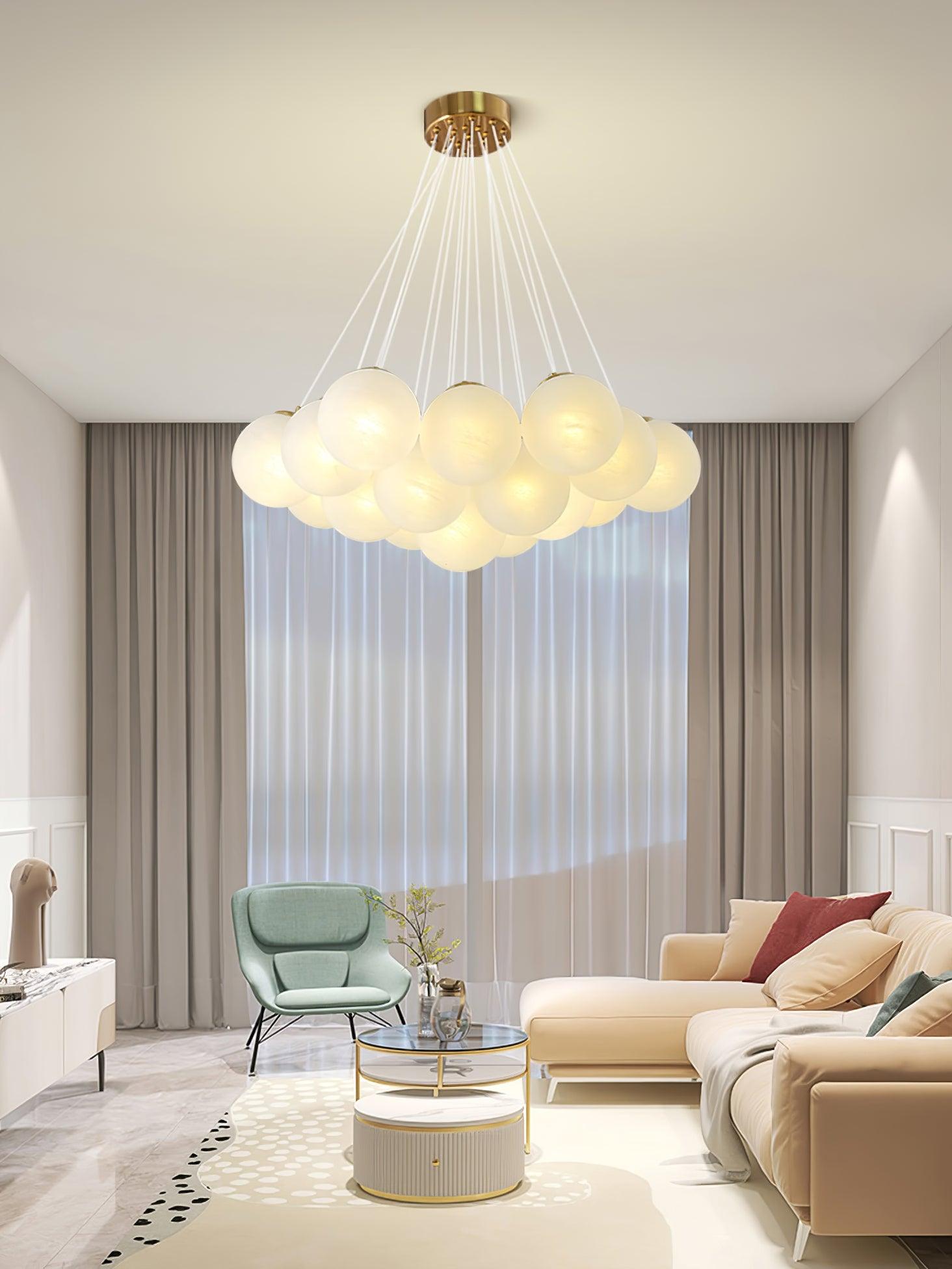 Modern Gold and White Glass Globe Cluster Chandelier Multi Head Pendant Light