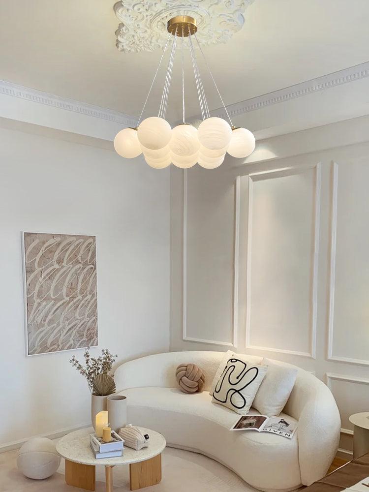 Modern Gold and White Glass Globe Cluster Chandelier Multi Head Pendant Light