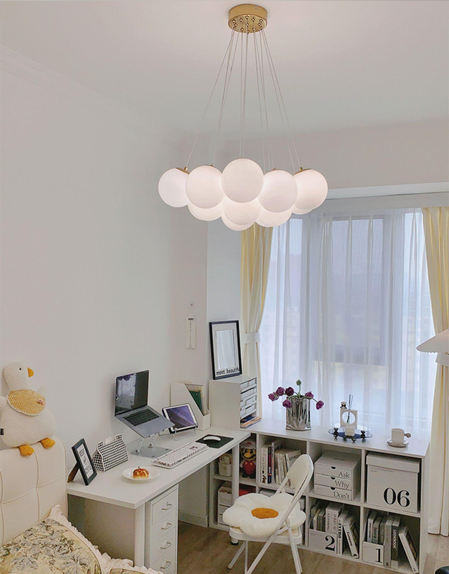 Modern Gold and White Glass Globe Cluster Chandelier Multi Head Pendant Light