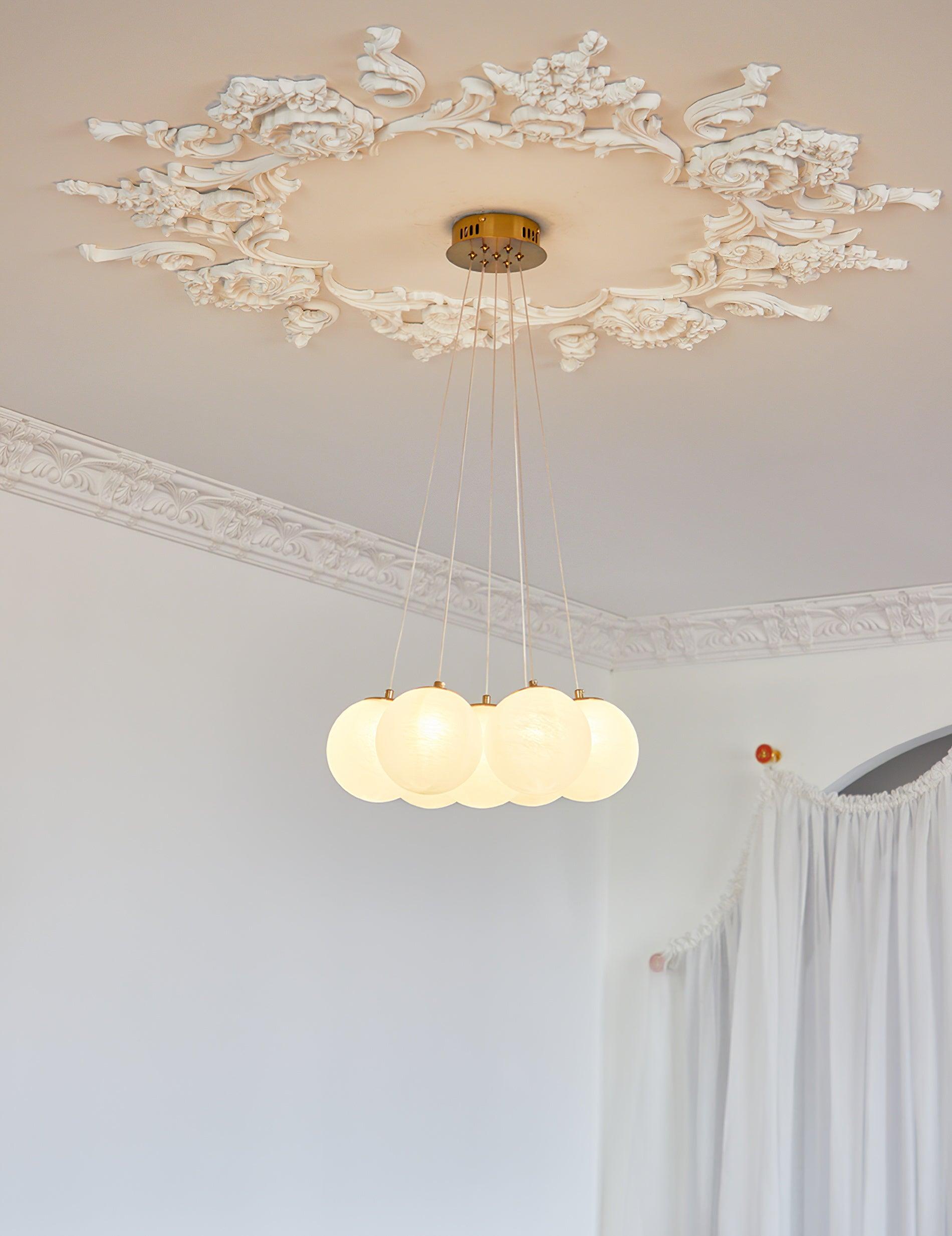 Modern Gold and White Glass Globe Cluster Chandelier Multi Head Pendant Light