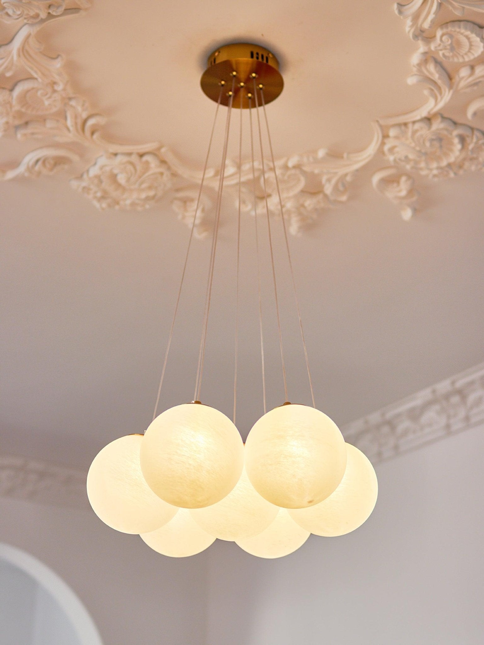 Modern Gold and White Glass Globe Cluster Chandelier Multi Head Pendant Light