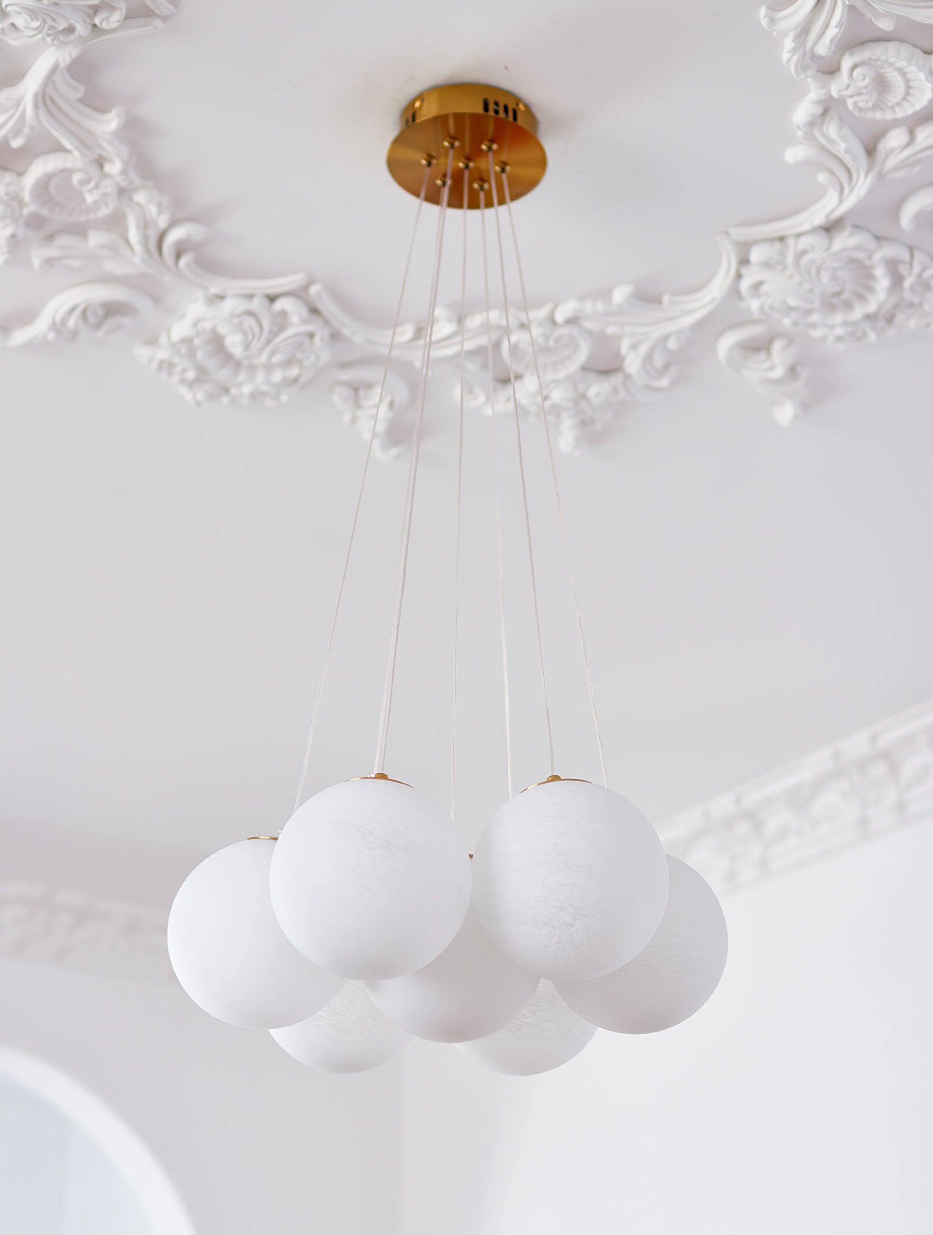 Modern Gold and White Glass Globe Cluster Chandelier Multi Head Pendant Light