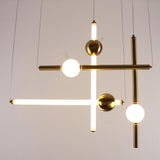 Modern Gold and White Glass Sphere Pendant Light with Linear Metal Frame LED